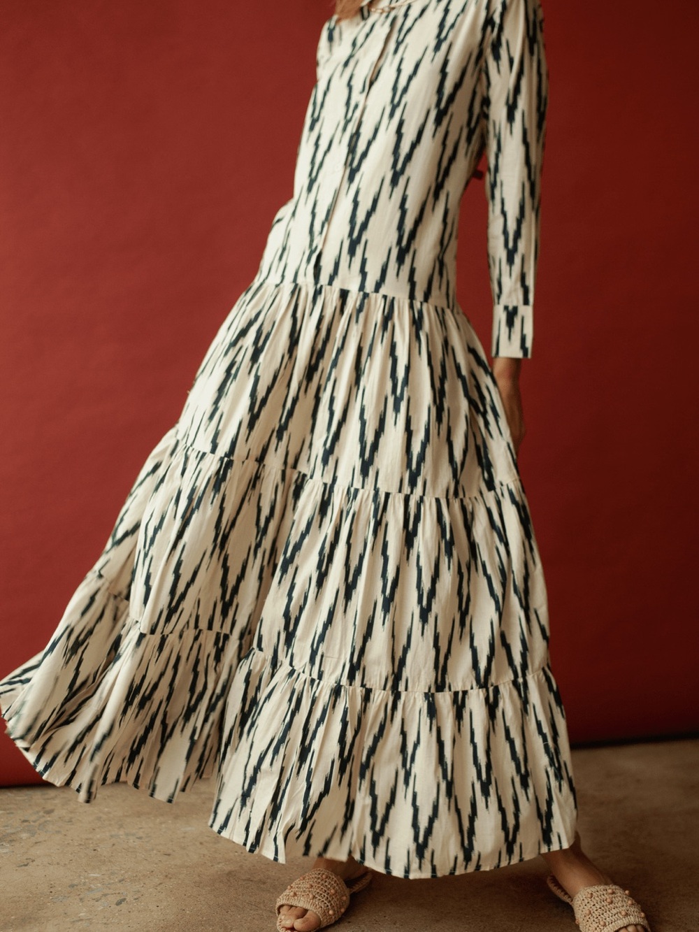 GUADALUPE Meredith Ikat Shirt-Collar Tiered Maxi Dress in Blue Ikat - Picture 3 of 9